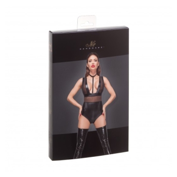 F183 Powerwetlook body with wide straps, tulle inserts and velvet choker XL